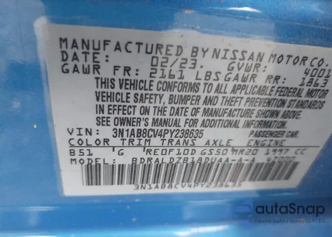 2023 Nissan Sentra Sv Xtronic Cvt из США, поврежденный, VIN 3N1AB8CV4PY238635